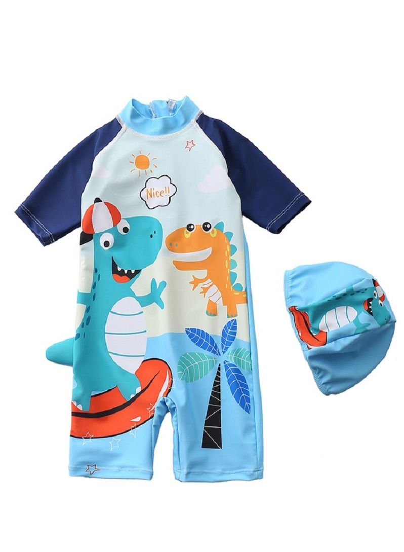 Y&D 2-piece fashionable boy cartoon printed one piece swimsuit short sleeved sun protection children's water sports with hat 90-100cm - Image 1