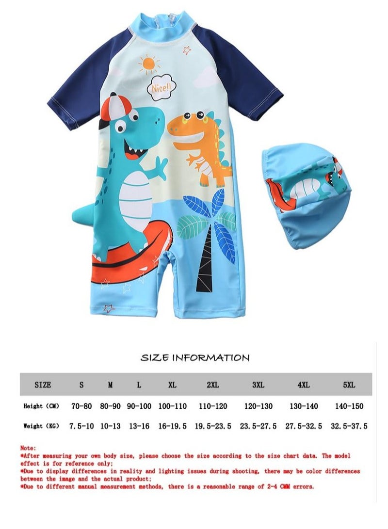 Y&D 2-piece fashionable boy cartoon printed one piece swimsuit short sleeved sun protection children's water sports with hat 90-100cm - Image 3