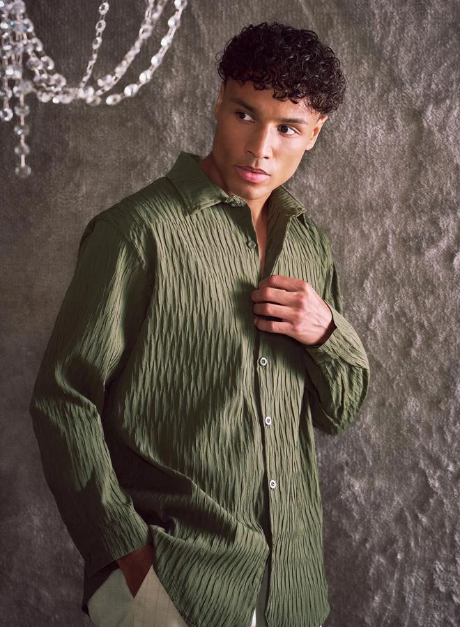 Take Two Green Men Green Textured Spread Collar Shirt for Men | Best Price UAE