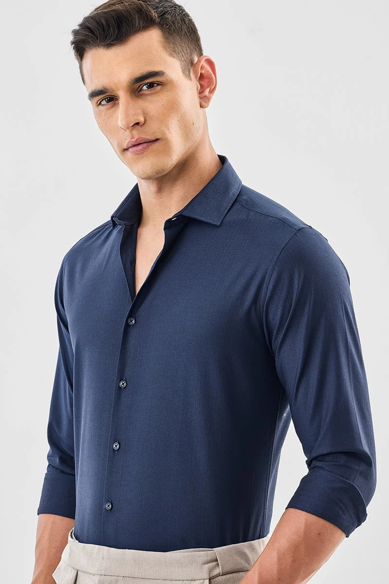SNITCH Navy Textured Long Sleeve Slim Fit Formal Luxe Shirt