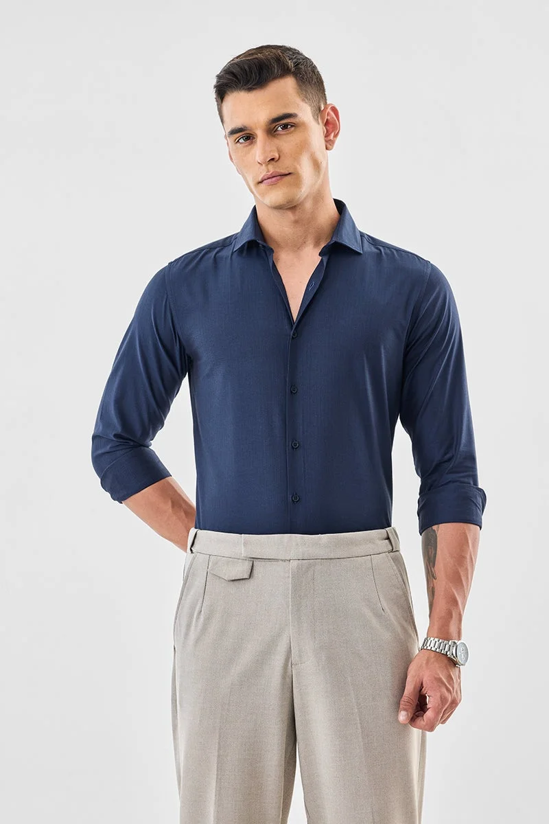 SNITCH Navy Textured Long Sleeve Slim Fit Formal Luxe Shirt