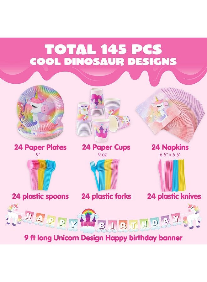 JOYIN 145 Pcs Unicorn Birthday Party Supplies with Unicorn Banner for Girls, 24 Serves Unicorn Disposable Tableware Set with Plates , Cups, Napkins, and Cutlery Sets for Unicorn Themes Party Kids - Image 2