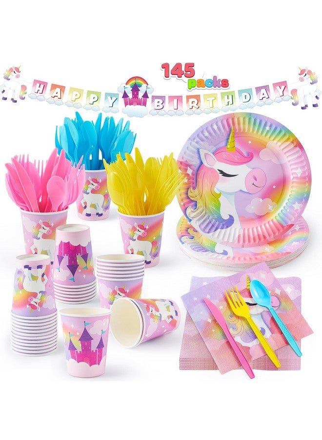 JOYIN 145 Pcs Unicorn Birthday Party Supplies with Unicorn Banner for Girls, 24 Serves Unicorn Disposable Tableware Set with Plates , Cups, Napkins, and Cutlery Sets for Unicorn Themes Party Kids - Image 1