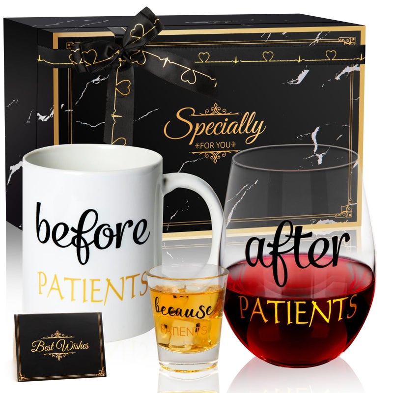 Before Patients After Patients Because Patients Gift Set 11 oz Coffee Mug 18 oz Stemless Wine Glass and 2 oz Shot Glass for Dentist Doctors Unique Nurses Day Valentines Graduation Gifts Black