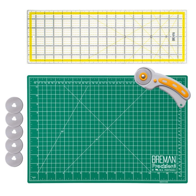 SELF HEALING CUTTING MAT ROTARY CUTTER SET 45MM ROTARY CUTTER FOR FABRIC WITH 5 EXTRA BLADES WITH 12X18 FABRIC CUTTING MATS FOR CRAFTS 6X18 ACRYLIC QUILTING RULERS 3PC SEWING KIT