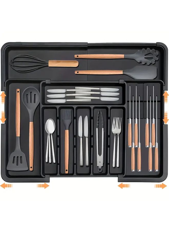 Adjustable Plastic Silverware Organizer 22x19 Expandable Kitchen Drawer Tray With 2 Removable Knife Blocks 6 To 9 Slots Flatware Storage Organizer For Home Kitchen 1pc - Image 1