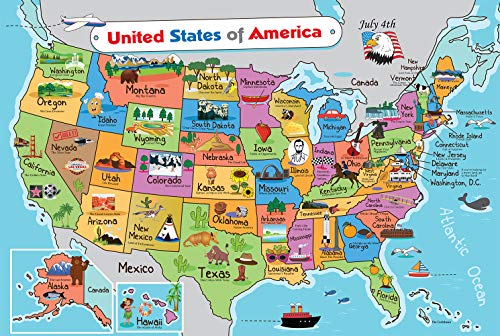 Pro Image Lines Kids United States Map | Wall Poster 13" x 19" US Map Premium Paper | 50 USA States w/Slogans & Images - Laminated - Image 1