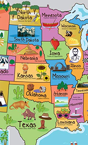 Pro Image Lines Kids United States Map | Wall Poster 13" x 19" US Map Premium Paper | 50 USA States w/Slogans & Images - Laminated - Image 3