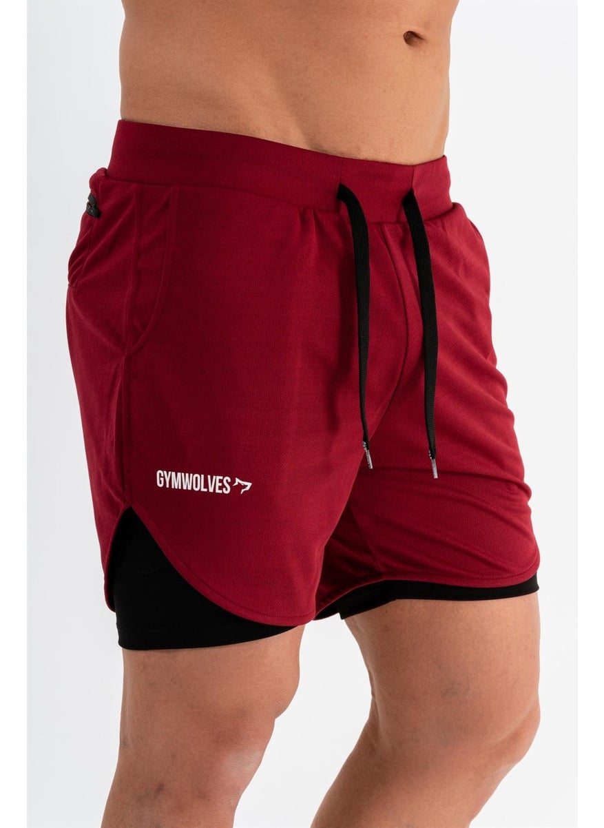 Gymwolves Men's Sports Shorts Double Layer | Burgundy | Comfortable Series |  - Image 2