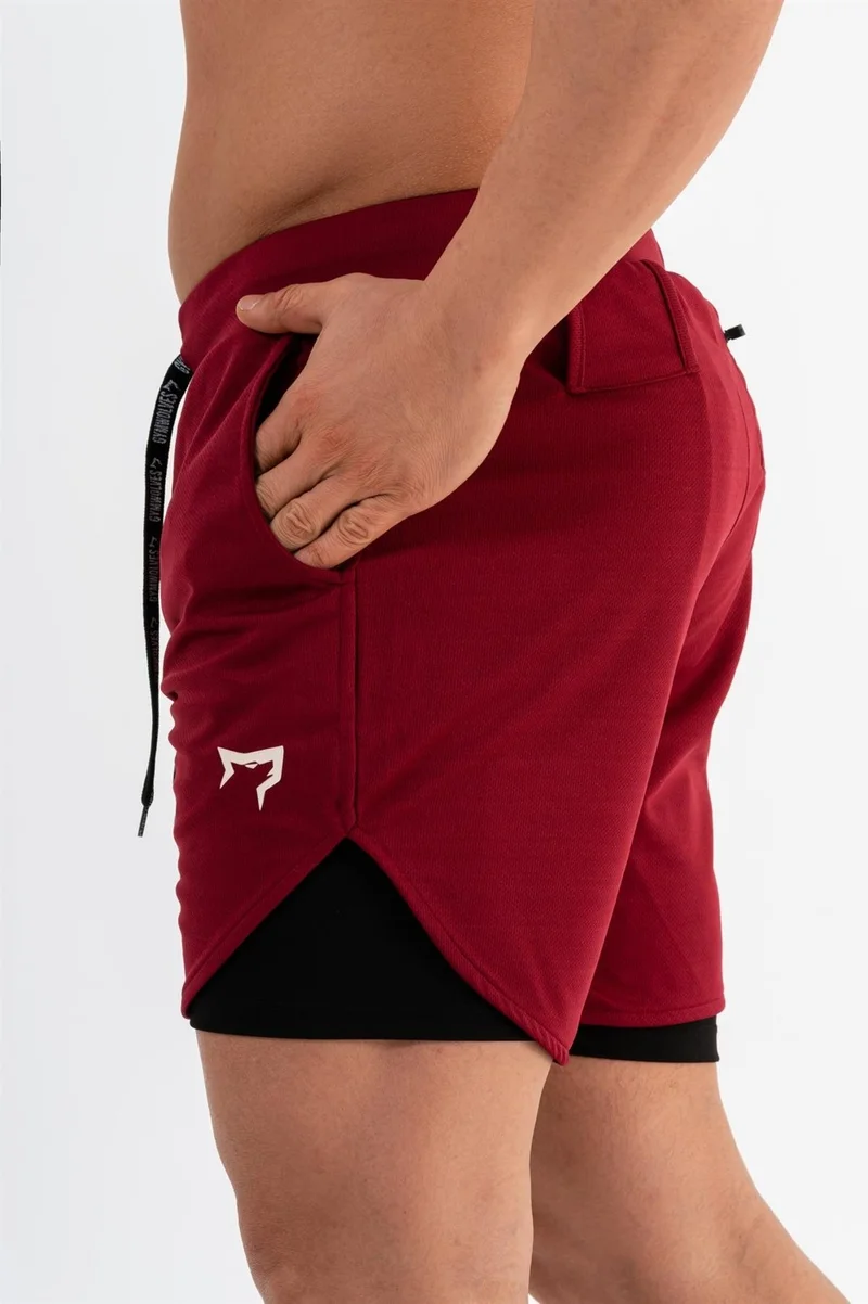 جيموولف Men's Sports Shorts Double Layer | Burgundy | Comfortable Series |