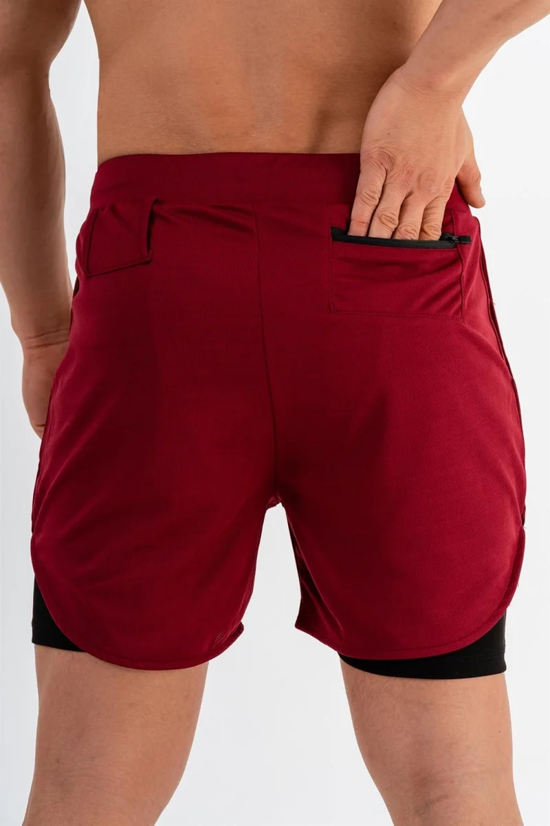 جيموولف Men's Sports Shorts Double Layer | Burgundy | Comfortable Series |