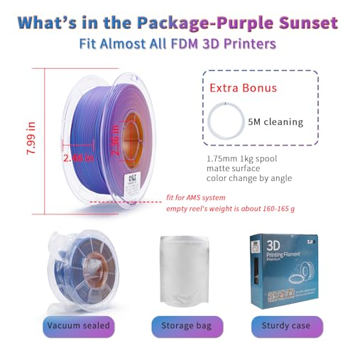 ZIRO PLA Filament 1.75mm, Matte Multicolors 3D Printer Filament, Color Change with Angle, Tri-Colors 3-in-1 Chrome, Dimensional Accuracy +/-0.03mm, Fit Most FDM 3D Printers,1KG Spool, Purple Sunset - Image 5