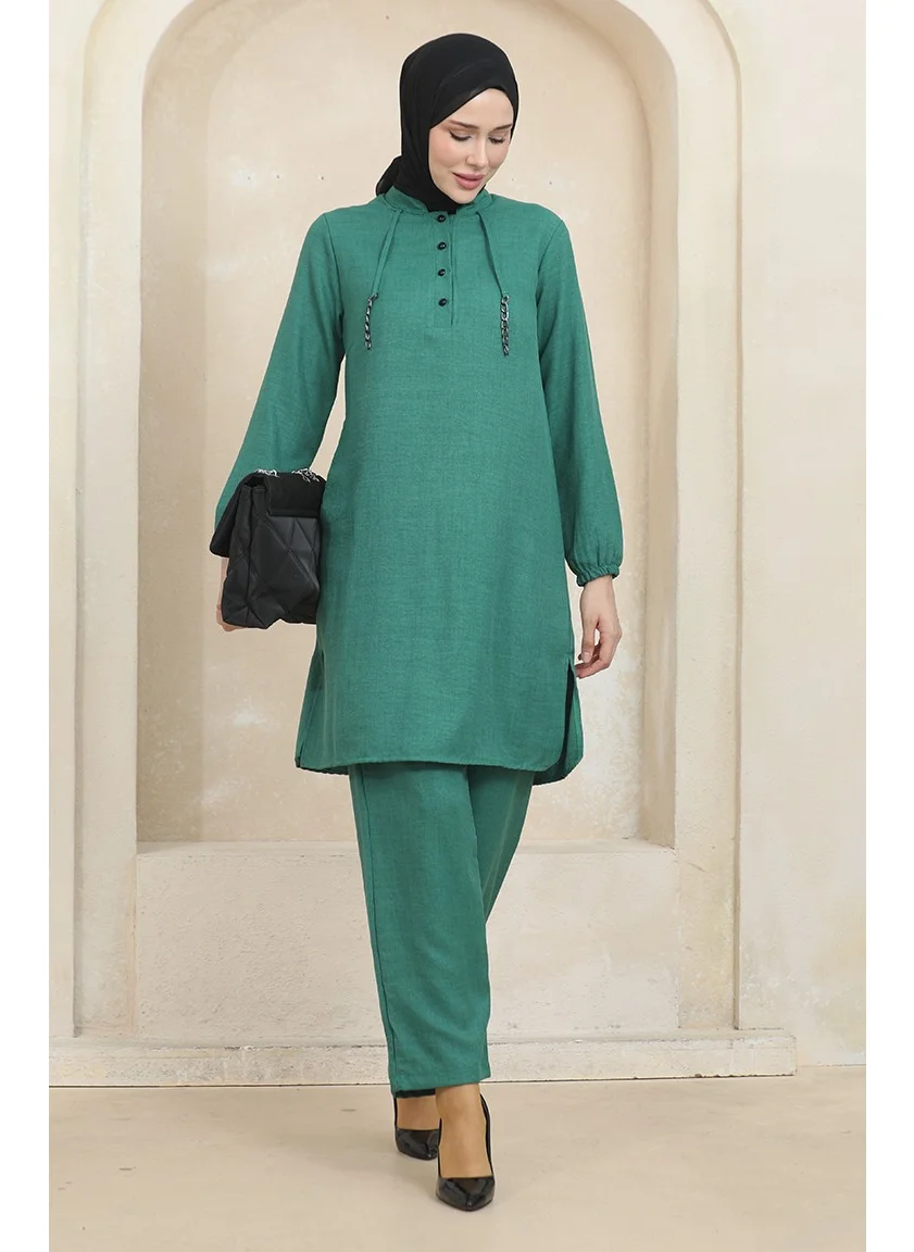 Sefa Merve Button Detailed Tunic Trousers Two Piece Suit 1004-02 Green