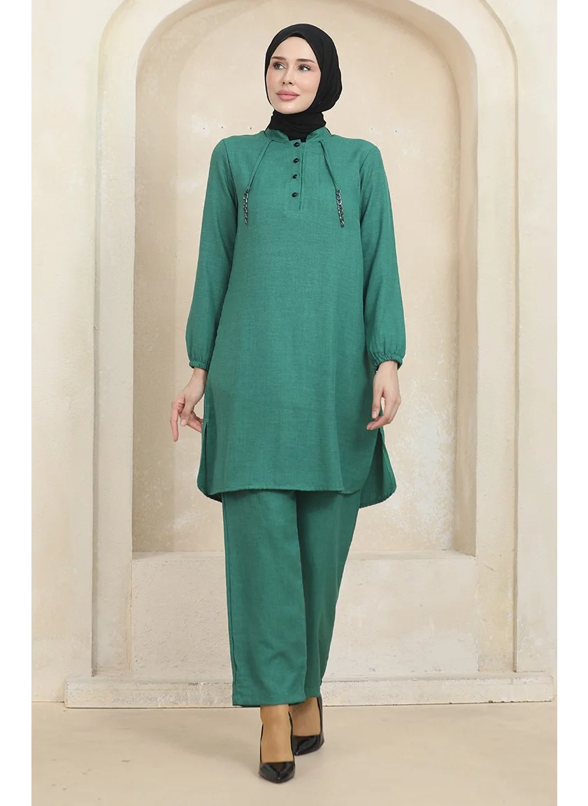 Sefa Merve Button Detailed Tunic Trousers Two Piece Suit 1004-02 Green