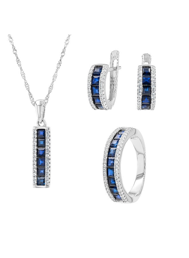 Genuine Blue Sapphire Silver Set Ring, Pendant & Earrings (9.26 ct)