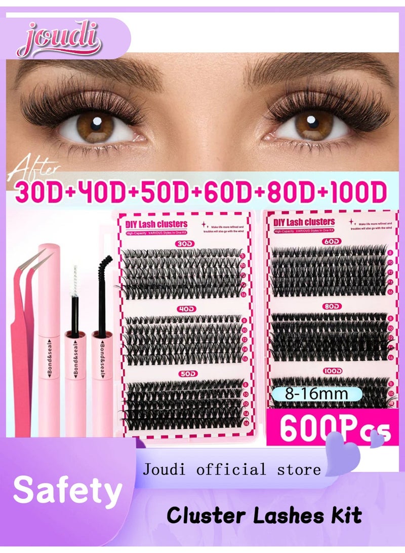 Joudi Cluster Lashes Kit with Lash Glue&Remover 30D+40D+50D+60D+80D+100D Fluffy Volume 600pcs Individual Eyelashes Kit 8-16mm DIY Eyelash Extension Kit D Curl Strip Eye Lashes Clusters - Image 1