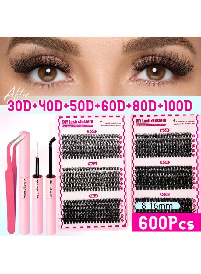 Joudi Cluster Lashes Kit with Lash Glue&Remover 30D+40D+50D+60D+80D+100D Fluffy Volume 600pcs Individual Eyelashes Kit 8-16mm DIY Eyelash Extension Kit D Curl Strip Eye Lashes Clusters - Image 2