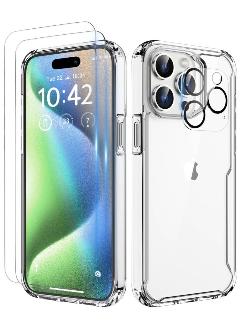 حافظة iPhone 15 Pro مع [2 واقي شاشة + 1 واقي عدسة الكاميرا] [حماية من الدرجة العسكرية] حافظة هاتف صلبة مقاومة للصدمات من البولي يوريثين الحراري على الجوانب من مادة TPU لهاتف iPhone 15 Pro شفافة - Image 1