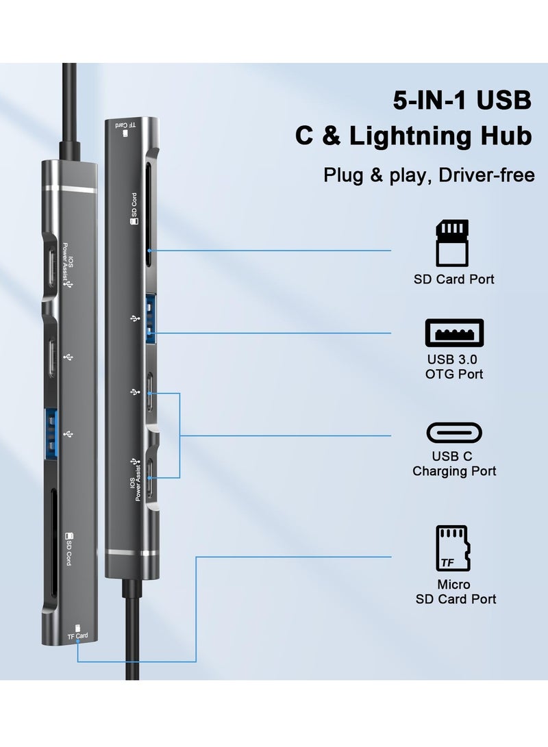 SD Card Reader for iPhone iPad, 5-in-1 For Lightning u0026 USB C to Micro SD/SD Card Reader u0026 USB OTG Adapter, Memory Card Reader with USB C Charging Port Compatible with iPhone 15/14/iPad - Image 2
