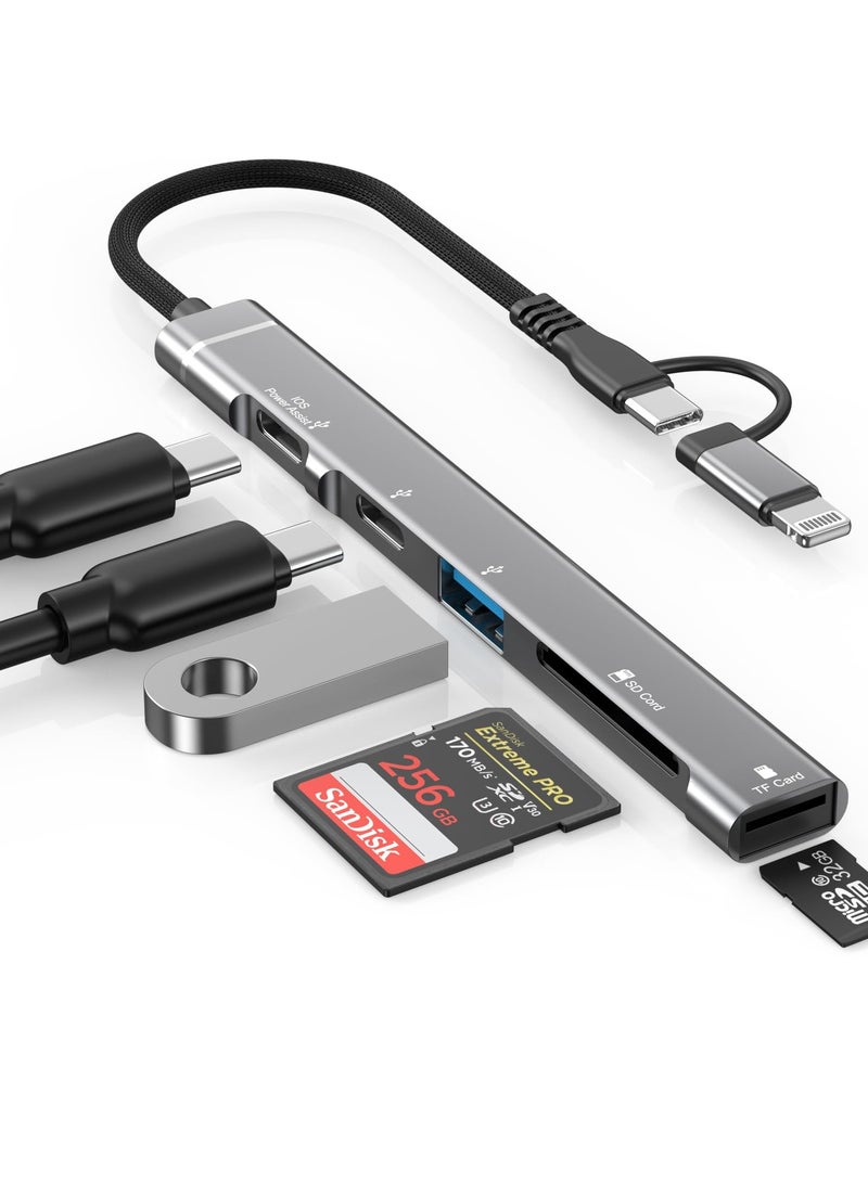 SD Card Reader for iPhone iPad, 5-in-1 For Lightning u0026 USB C to Micro SD/SD Card Reader u0026 USB OTG Adapter, Memory Card Reader with USB C Charging Port Compatible with iPhone 15/14/iPad - Image 1