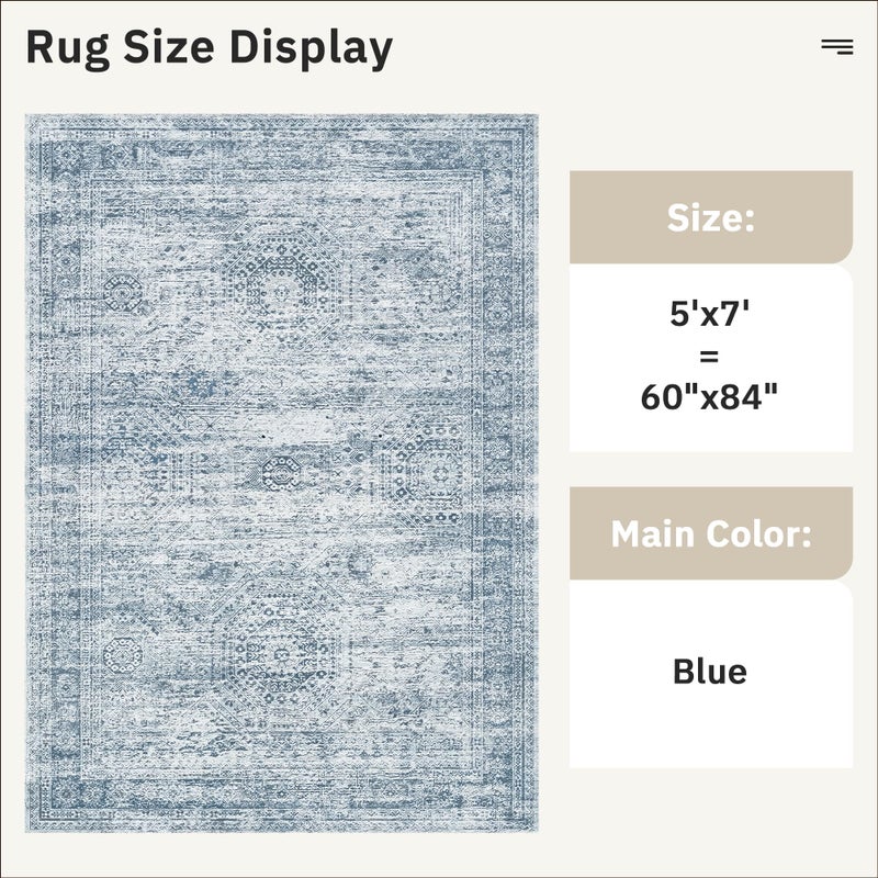 Soalmost 5x7 Area Rugs Blue Low Pile Indoor Washable Trendy Faded Style Rugs for Bedroom Living Room Dining Room Foldable Non-Slip Thin Print Mat - Image 3