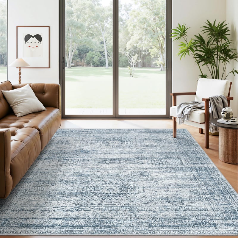 Soalmost 5x7 Area Rugs Blue Low Pile Indoor Washable Trendy Faded Style Rugs for Bedroom Living Room Dining Room Foldable Non-Slip Thin Print Mat - Image 1