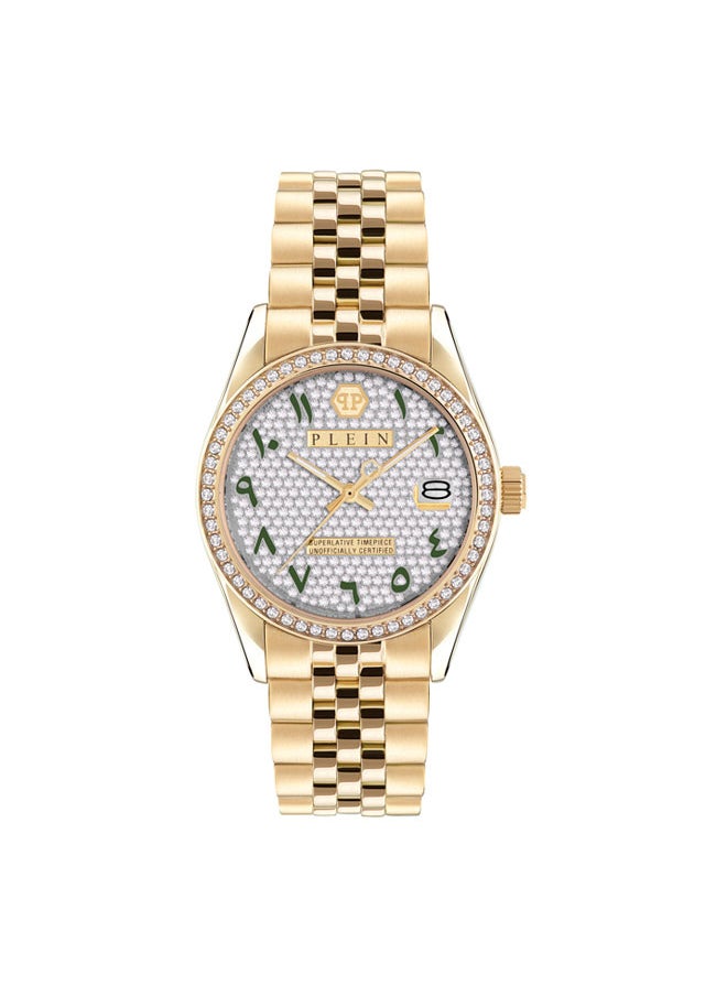 PHILIPP PLEIN - Date Superlative Women's 38mm Luxury Timepiece,  Colossal Gold Case, Crystal-Encrusted Bezel, Vibrant Emerald Arabic Numerals - Image 1
