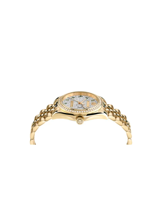 PHILIPP PLEIN Date Superlative Women's 38mm Luxury Timepiece,  Colossal Gold Case, Crystal-Encrusted Bezel, Vibrant Emerald Arabic Numerals