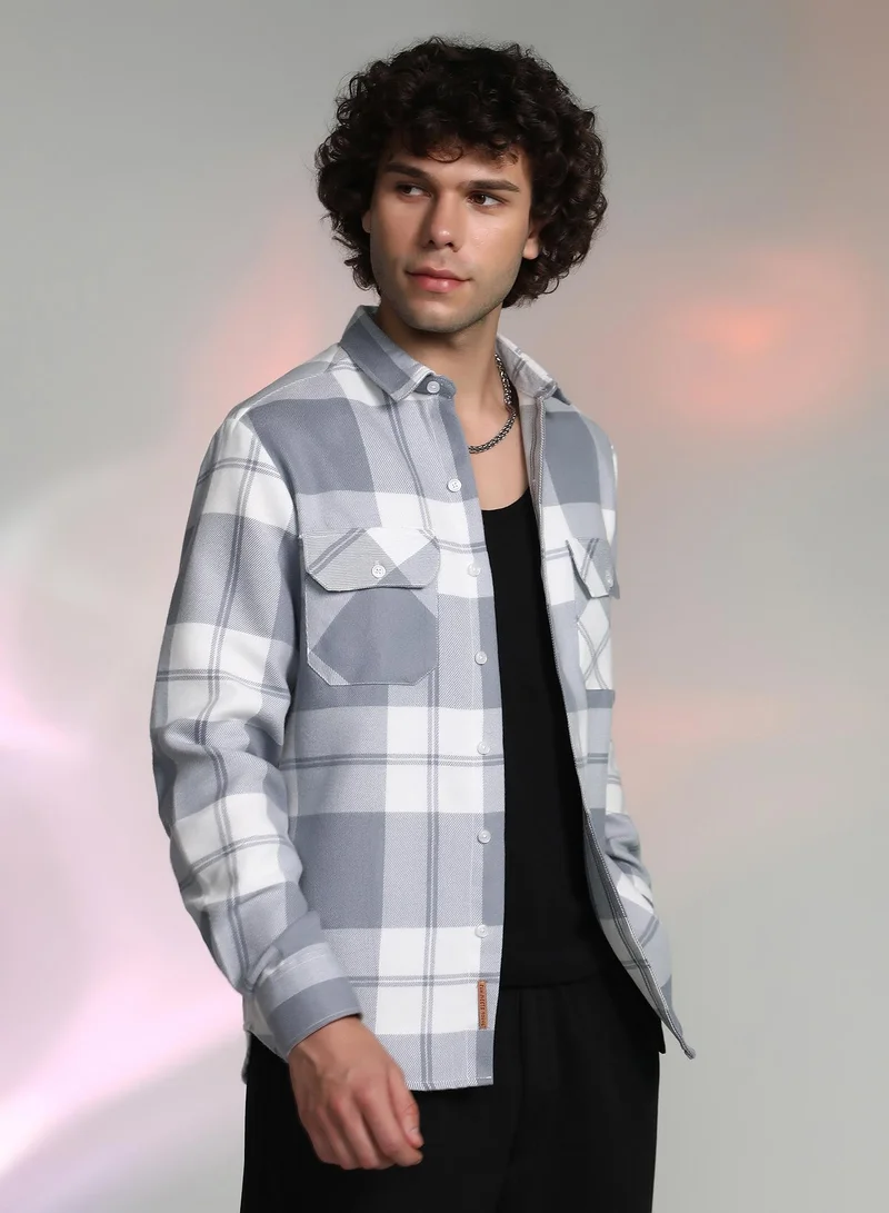 Campus Sutra Men's Coin Grey Tartan Utility Shirt