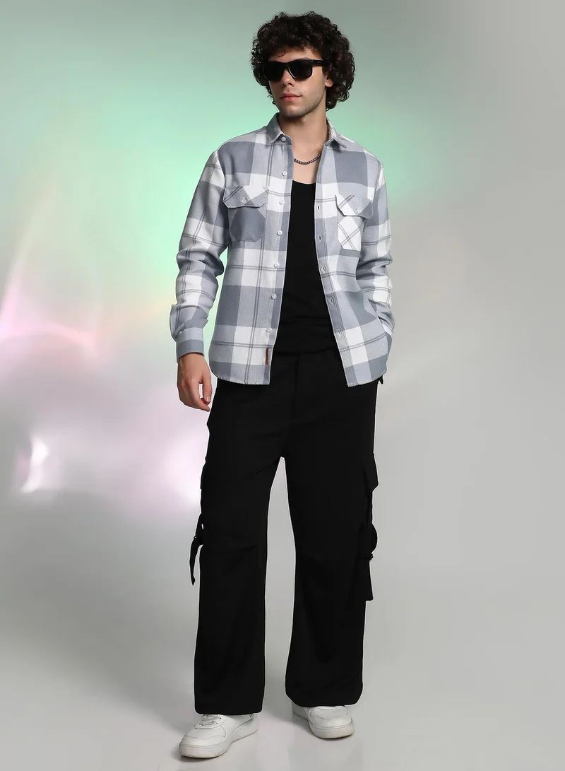Campus Sutra Men's Coin Grey Tartan Utility Shirt