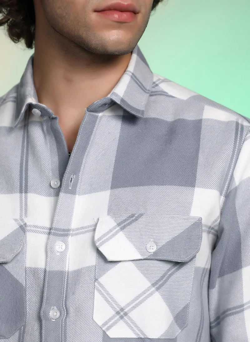 Campus Sutra Men's Coin Grey Tartan Utility Shirt