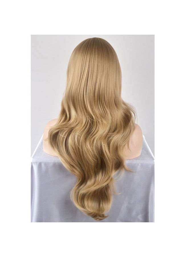 BERON 27 Inches Blonde Wig Long Wavy Wig Ash Blonde Wigs With Bangs For Women Gold Blonde Wig Synthetic Wig With Wig Cap  - Image 5