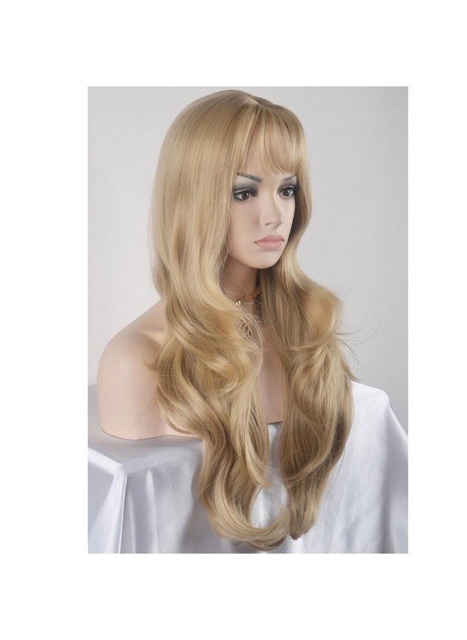 BERON 27 Inches Blonde Wig Long Wavy Wig Ash Blonde Wigs With Bangs For Women Gold Blonde Wig Synthetic Wig With Wig Cap  - Image 3