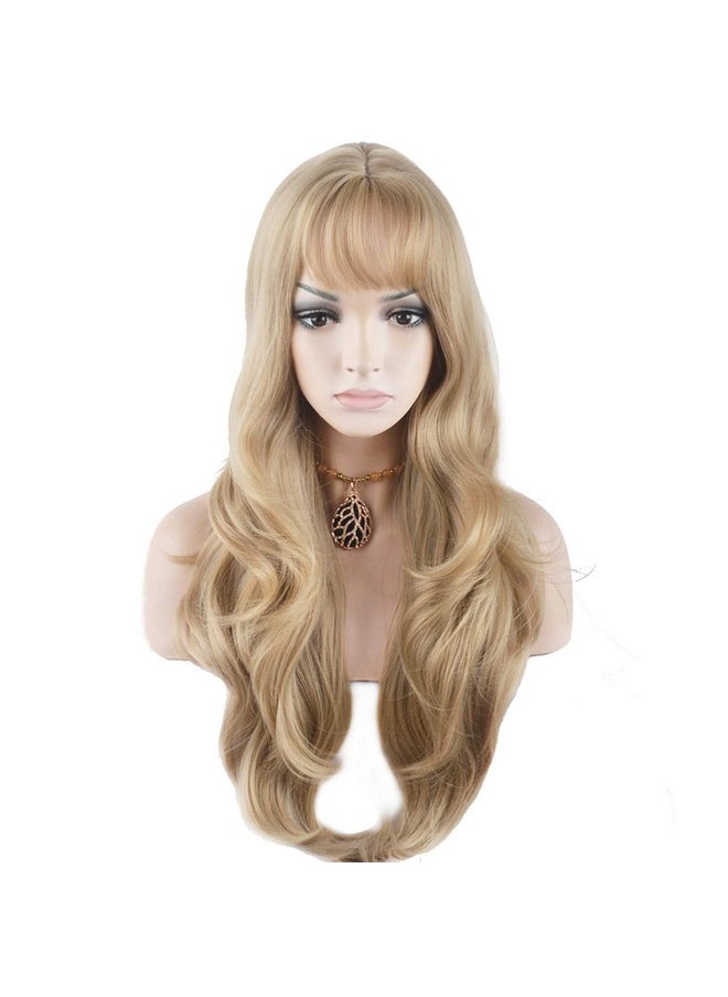 BERON 27 Inches Blonde Wig Long Wavy Wig Ash Blonde Wigs With Bangs For Women Gold Blonde Wig Synthetic Wig With Wig Cap  - Image 2