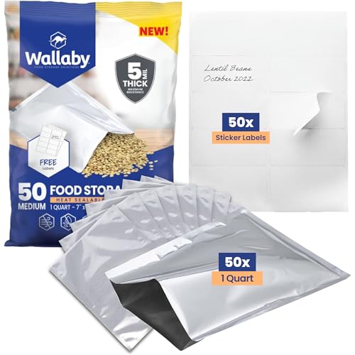 Wallaby 50 Count 1-Quart Mylar Bags with Labels, 5 Mil Total Thickness Long-Term Food Storage Pouches, 7x10 Heat-Sealable Airtight Packaging - Silver - Image 1