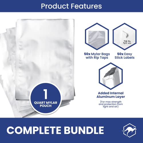 Wallaby 50 Count 1-Quart Mylar Bags with Labels, 5 Mil Total Thickness Long-Term Food Storage Pouches, 7x10 Heat-Sealable Airtight Packaging - Silver - Image 3