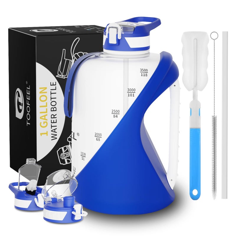 TOOFEEL 1 gallon water bottle - 128 oz water bottle with Straw & Chug Lid - BPA Free Big Water Bottle with Handle - Gym Water Bottle - Deep Blue and White - Image 1