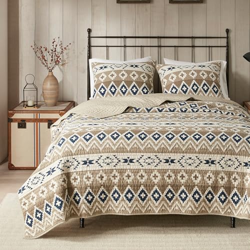 Woolrich John Rich & Bros. Woolrich Reversible Quilt Cabin Lifestyle Design - All Season, Breathable Coverlet Bedspread Bedding Set, Matching Shams, Oversized Full/Queen, Montana Tribal Tan 3 Piece - Image 1