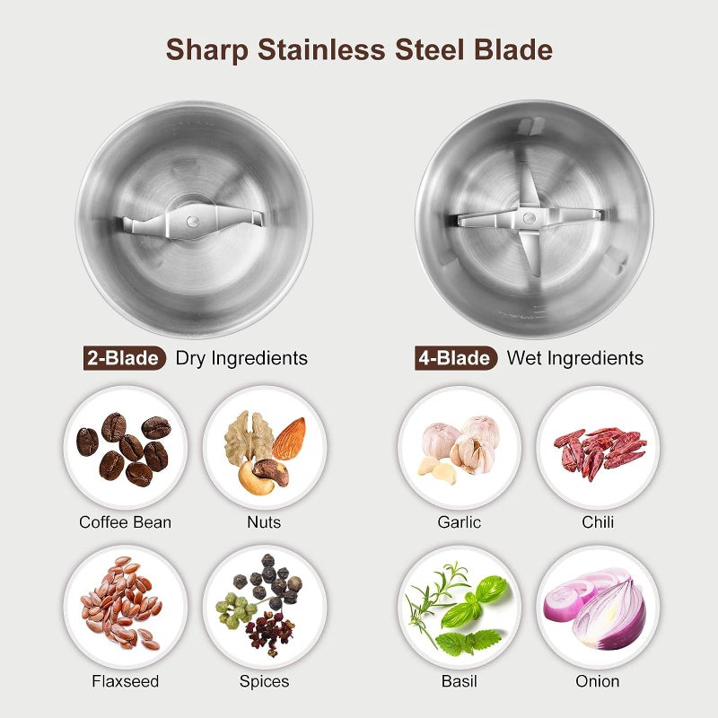 Secura Electric Coffee Grinder and Spice Grinder with 2 Stainless Steel Blades Removable Bowls - Image 2