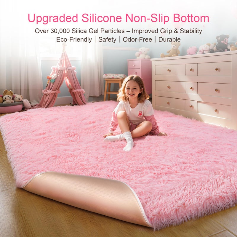 KICHOWUA Thick Area Rug 4x6 Pink Fluffy Shag â€“ Ultra Soft Thickened Plush Washable Carpet, Non-Slip Fuzzy Shaggy Rug for Girls Bedroom, Kidsâ€™ Room, Nursery, Baby, Dorm, Living Room Cozy DÃ©cor - Image 4