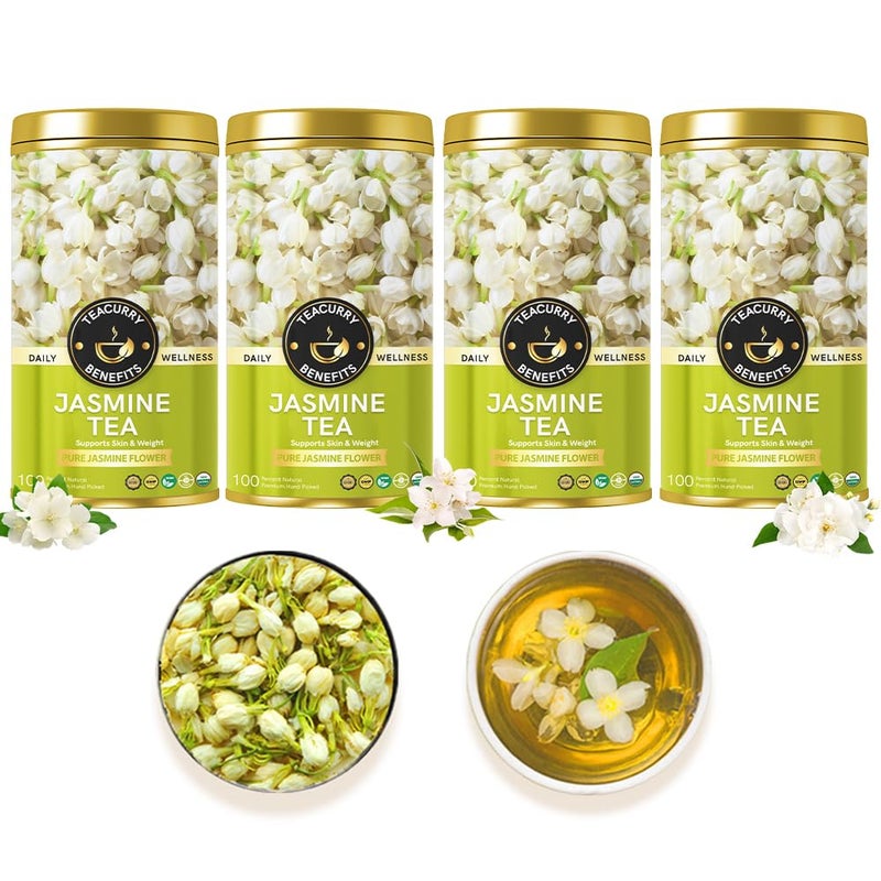 Teacurry Jasmine Flower Tea (80Grams, Golden Tin Jar) - Handselected Pure Dried Jasmine Flowers for Skin Care, Relaxation, Digestion and Immunitity | 100% Pure and Natural Jasmine Flowers - Image 1