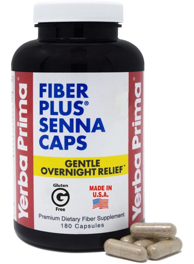 Yerba Prima Fiber Plus Senna Capsules, 180 Count - Gentle Overnight Relief, USA Made, Non-GMO, for Short-Term Use to Restore Regularity  - Image 1