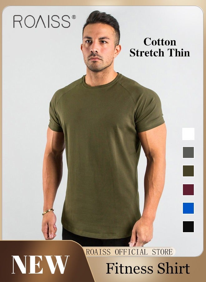 roaiss Summer Fitness Short Sleeved T Shirt for Men Casual Breathable Cotton Top Quick Drying Slim Fit Tees  - Image 1