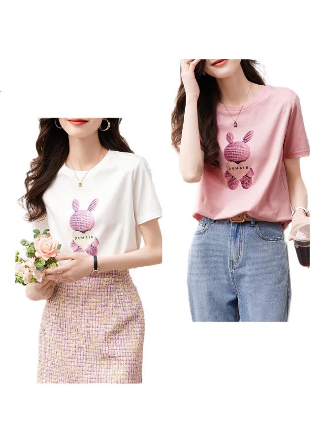 dme Demana (Dme) [Fairy Tale Town] Summer Cloud Pure Cotton Rabbit Print Rhinestone Short-Sleeve T-Shirt For Women, Comfortable And Flattering Women'S T-Shirt - Image 1