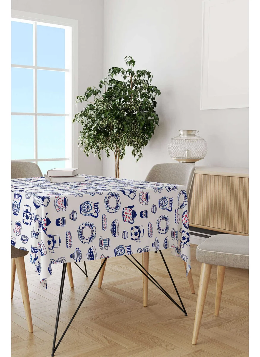 كانغو هوم White Blue Tile Patterned Digital Printed Tablecloth CGH595-MS