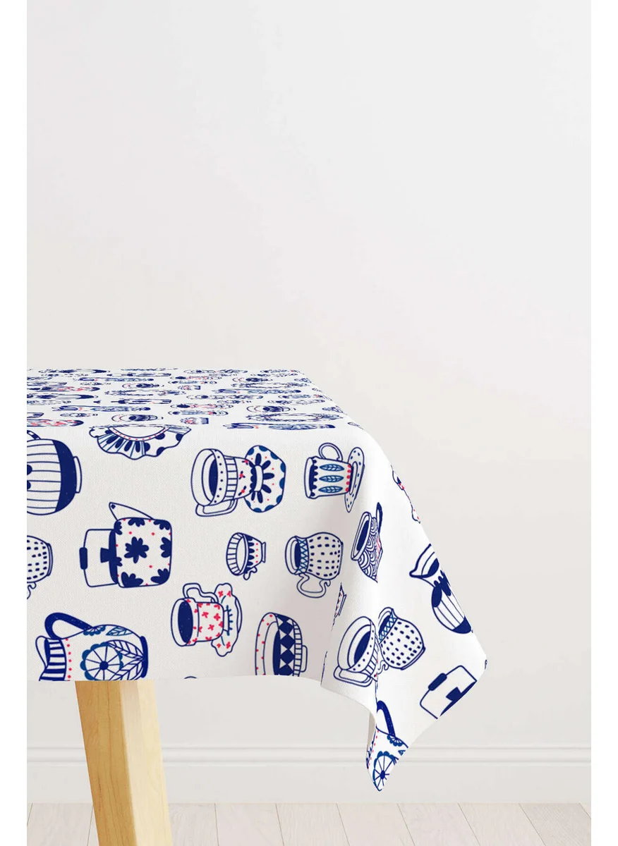 كانغو هوم White Blue Tile Patterned Digital Printed Tablecloth CGH595-MS
