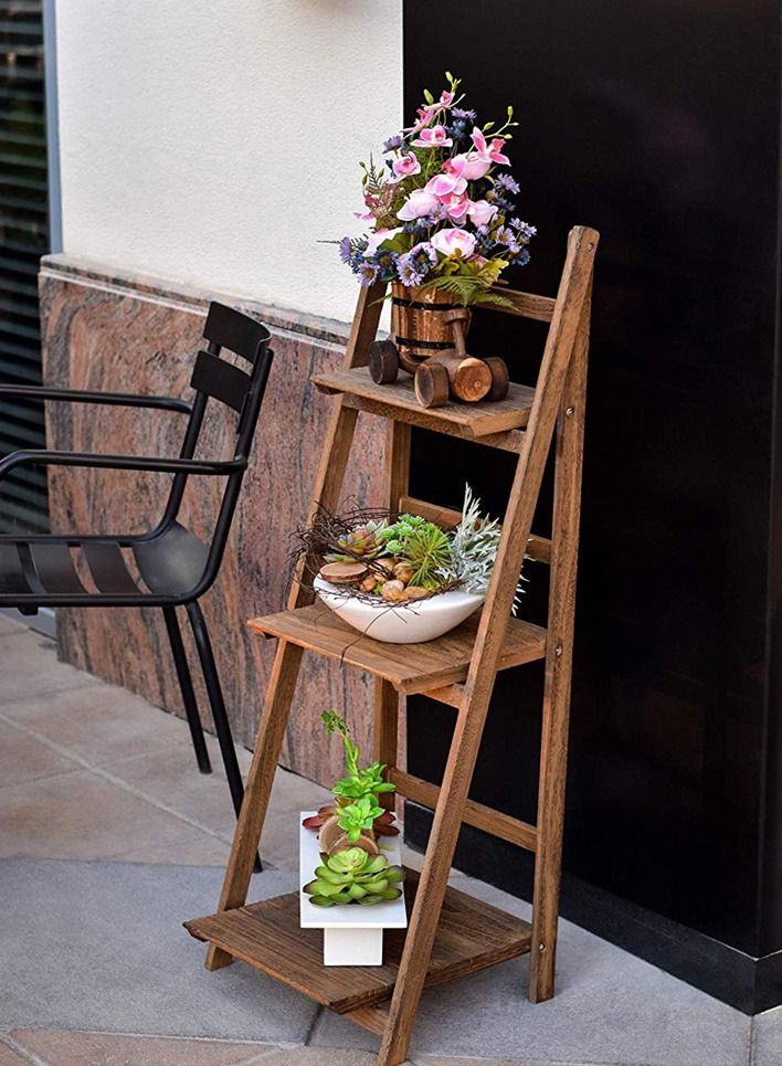 Wooden Flower Stand Foldable Plant Shelf Flower Pot Display Rack Ladder Design Flower Vase Shelves Multifunctional Wood Rack Towel Holder Storage Organizer - Image 1