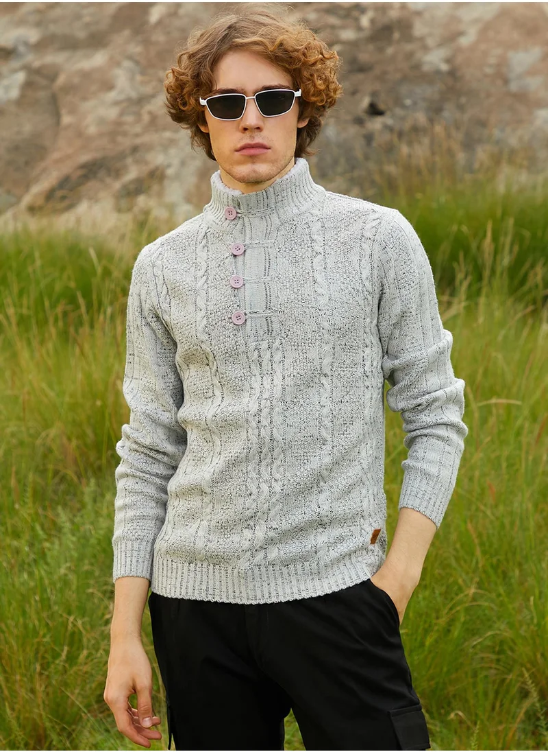 Campus Sutra Men's Grey Heathered Cable Knit Sweater