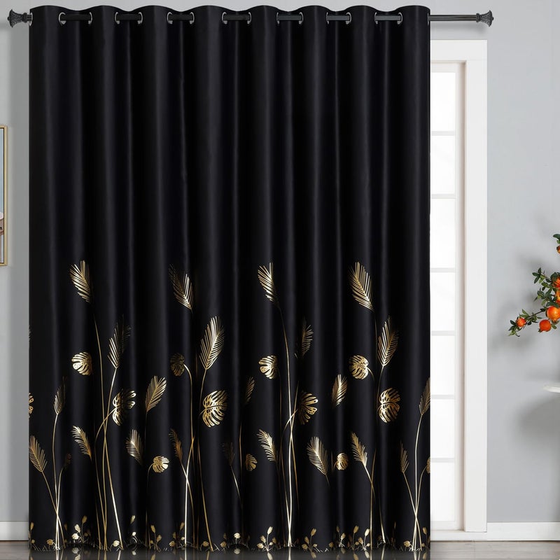 Estelar Textiler Extra Wide Blackout Curtain for Sliding Door Gold Palm Tree Pattern Curtain  Drape Thermal Insulated Grommet Curtain for Sliding Glass Door Black 100W x 84L Inch 1 Panel