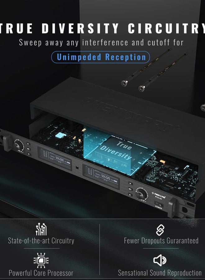 Phenyx Pro نظام ميكروفون لاسلكي، مجموعة ميكروفونات مزدوجة لاسلكية حقيقية، ميكروفونات يدوية لاسلكية UHF احترافية مع مسح تلقائي، 2x1000 قناة، 328 قدم للمسرح والاستوديو (PTU-2U-2H) - Image 3